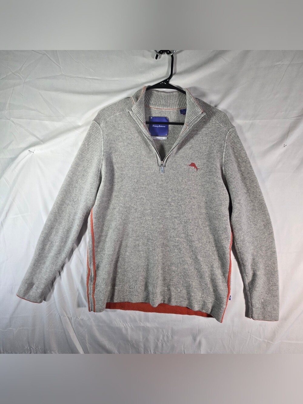 Tommy Bahama Cashmere Gray Waffle-Knit 1/4 Zip Mock Neck Sweater, Size M
